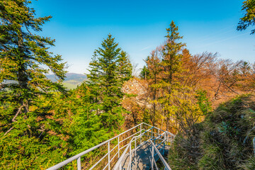 Hiking to peak Tri Koruny or Trzy Korony during day. Pieniny National park in Poland. View from the lookout at the top