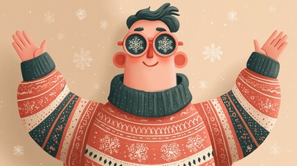 Festive 2D flat character in Christmas sweater with funky snowflake glasses, holiday joy, vector art, winter theme