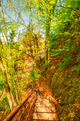 Hiking to Peak Tri Koruny or Trzy Korony during day. Pieniny National park in Poland. Pieniny Castle