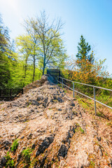 Hiking to Peak Tri Koruny or Trzy Korony during day. Pieniny National park in Poland. Pieniny Castle © Zedspider