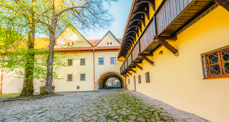 Medieval monastery Cerveny Klastor near Peak Tri Koruny or Trzy Korony in Pieniny National park in Slovakia and Poland © Zedspider