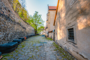 Medieval monastery Cerveny Klastor near Peak Tri Koruny or Trzy Korony in Pieniny National park in Slovakia and Poland
