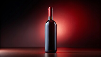 Isolated red wine bottle and glass with a blank label reflecting on a black surface