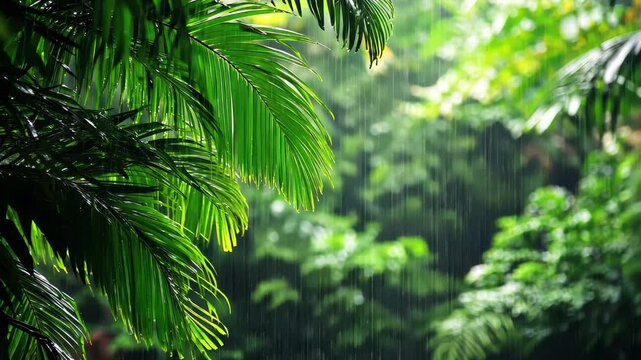 Tropical rain pours during monsoon season in a lush rainforest environment, Monsoon season tropical nature Rain in wild rainforest