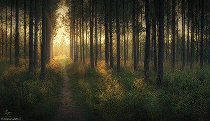 Fototapeta premium Sunlit path through a misty forest (1)