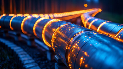 Futuristic digital pipeline visualizes AI ML IoT integration for smart leak detection and sustainable water management with glowing sensors, data streams, and a digital interface showcasing advanced t