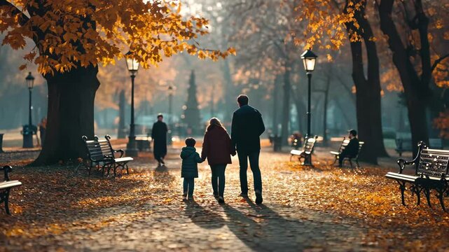 Family strolls through city center park on a cold autumn day surrounded by colorful leaves, City center park people family walking on cold autumn season in Paris