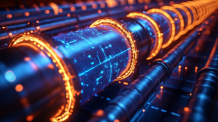 Futuristic digital pipeline visualizes AI ML IoT integration for smart leak detection and sustainable water management with glowing sensors, data streams, and a digital interface showcasing advanced t