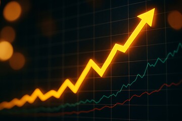Fototapeta premium Chart with a bright yellow upward trending arrow, other lines, dark background, glowing effect