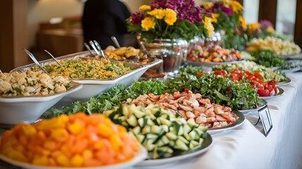 Obraz premium Buffet of assorted colorful dishes arranged on a long table.