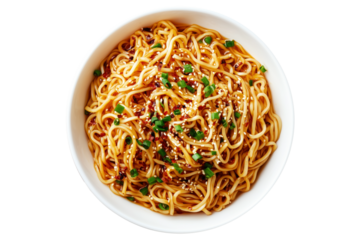 Cooked Asian Dan Dan noodles with minced meat, chili and basil in ceramic bowl, isolated on white transparent background, concept of tasty lunch