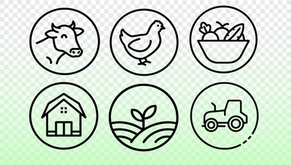 Agriculture line icons concept. Linear farm symbols countryside emblems drawing. Farming livestock vegetables building field equipment. Black outline vector illustration transparent background