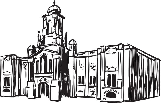 Cartwright Hall, Bradford, England ink illustration. Civic art gallery tourist attraction  destination. Baroque architectural style sketches. Famous historical houses and buildings vector drawing. 