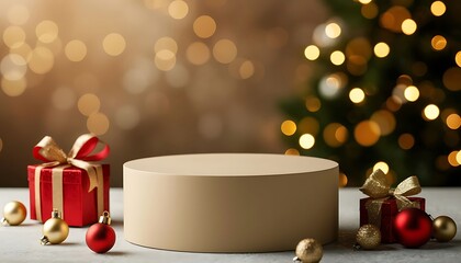 A round beige podium surrounded by red and gold gift boxes and ornaments. A decorated Christmas tree with lights is in the background.