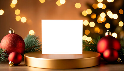 A blank white card on a golden pedestal surrounded by red Christmas ornaments and pine branches. Soft bokeh lights create a festive atmosphere.