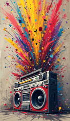 Exploding Boombox Graffiti &ndash; Blasting Music Notes & Abstract Shapes, Urban Soundwave Mural, Corner-Placement Wallpaper Art

