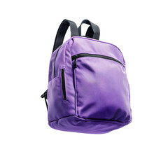 Naklejka premium A realistic purple backpack floating in mid-air, showcasing its zippers and straps, isolated on a clean background.