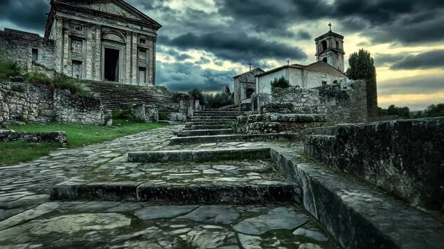 Exploring Foro Traiano and a church under dramatic skies in ancient Rome, Foro Traiano and a church
