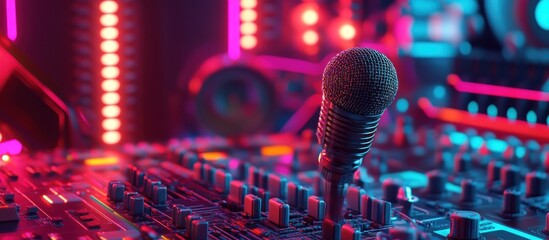 Vibrant retro microphone on a soundboard with a neon-lit backdrop capturing a dynamic audio engineering setup