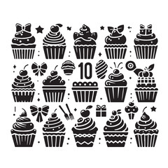 Black Cupcakes Silhouette Vector, High Quality Illustration on White Background