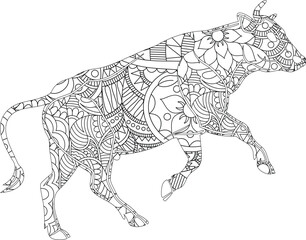 Intricate Zentangle Cow Adult Coloring Page, Bovine Mandala Design