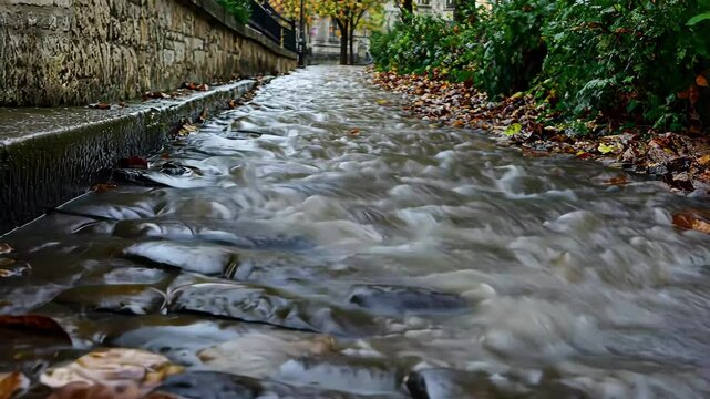 Raindrops create a flowing stream on Parisian street after autumn rainfall, After autumn rain Paris street sewage rainwater flows down the stone paved road