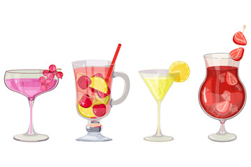 Set of cocktails. Vector illustration of  drinks in different types of glasses. Set of fresh smoothies. Delicious soft drinks with berries on a isolated background.