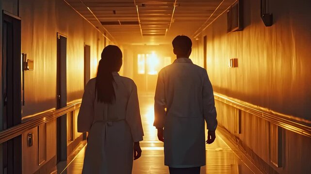 Healthcare Professionals Walking Down Hospital Corridor Towards Light