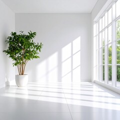 Minimalist White Interior with Potted Plant and Sunlight through Large Windows