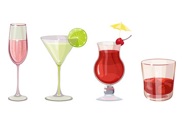 Set of cocktails. Vector illustration of classical drinks in different types of glasses. Banner with alcohol drinks like aperol spritz, champagne, negroni, white russian, espresso martini

