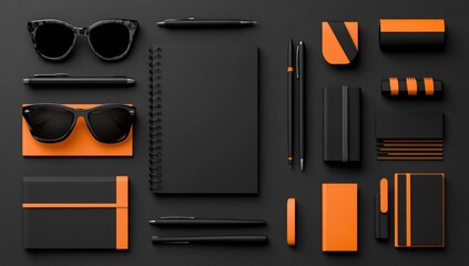 Naklejka premium Black and orange stationery objects arranged on a dark gray surface