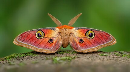 Vibrant Red And Orange Moth Close Up On Mossy Surface