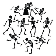 Black Silhouette Skeleton Character Vector Set in Spooky Action Pose with Grave .