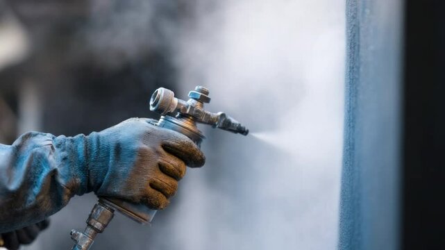 Industrial Precision: A skilled artisan meticulously uses a spray gun to apply paint to a surface. The image shows professional painting process and commitment.