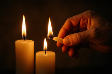 Hand lighting a candle with another burning candle in a dark setting, warm glowing flames illuminating the peaceful atmosphere