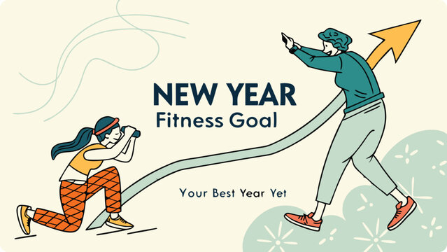 Illustration of woman celebrates her new year fitness goal with a determined upward climb
