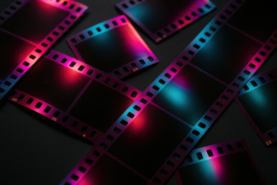 Colorful blank film strips illuminated by vibrant neon blue and pink lights on a dark background, creating a cinematic abstract scene
