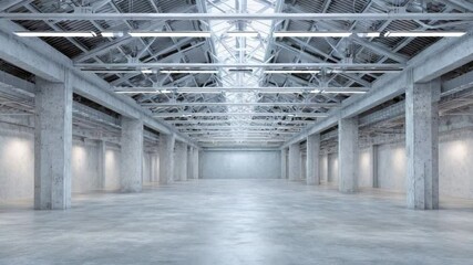 Vast Industrial Interior: A vast and empty industrial interior is bathed in soft, natural light filtering through a high skylight, highlighting the raw texture of concrete pillars and floors. - Powered by Adobe