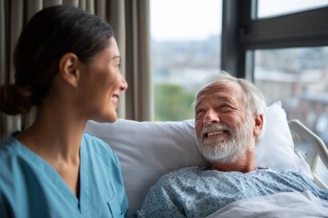Fototapeta premium A woman in a blue scrubs is smiling at a man in a hospital bed