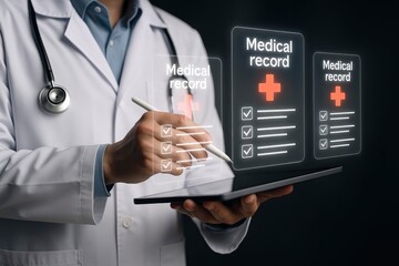 Doctor interacting with multiple virtual medical records on a tablet.