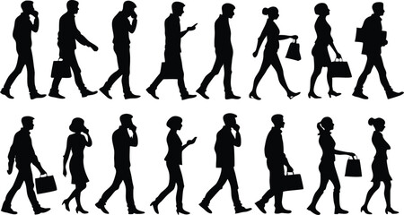Fototapeta premium a group of people silhouettes walking, a diversity of people walking, walking silhouettes of men and women, people walking in different poses and directions, various human silhouettes in motion, walki