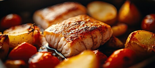Delicious Pan-Seared Cod Fillet Served with Roasted Potatoes and Tomatoes