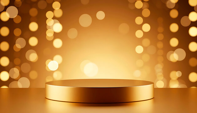 A golden circular podium is illuminated by soft, warm lights. The background features a bokeh effect with shimmering golden orbs, creating a festive atmosphere.