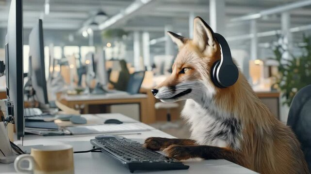 Fuchs mit Headset am Schreibtisch im Callcenter. K&uuml;nstliche Intelligenz KI