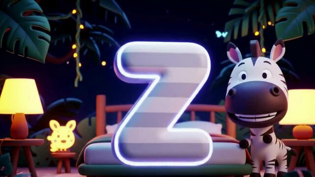 3D glowing letter Z with cartoon zebra in neon safari-themed jungle room. Soft preschool animation, perfect for alphabet learning. No sound. 8-second loop, high quality, 4K animation.