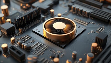 Detailed Close-up of a Modern Computer Motherboard with Gold Accents