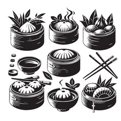 Black Dim Sum Silhouette Vector, High Quality Illustration on White Background