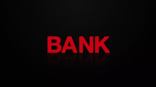 animated jumping or bouncing ball BANK text word lettering typography glow neon reveal, Bright letters jump in the inscription finance theme video,motion seamless loop red type on black background