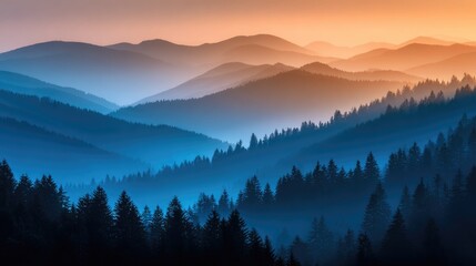 Obraz premium Majestic mountain range veiled in a soft morning light.