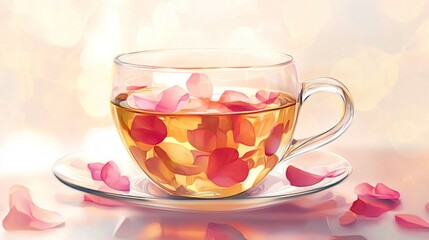 A delicate glass teacup filled with golden tea and pink rose petals, resting on a saucer, surrounded by scattered petals.  Soft, blurred bokeh background